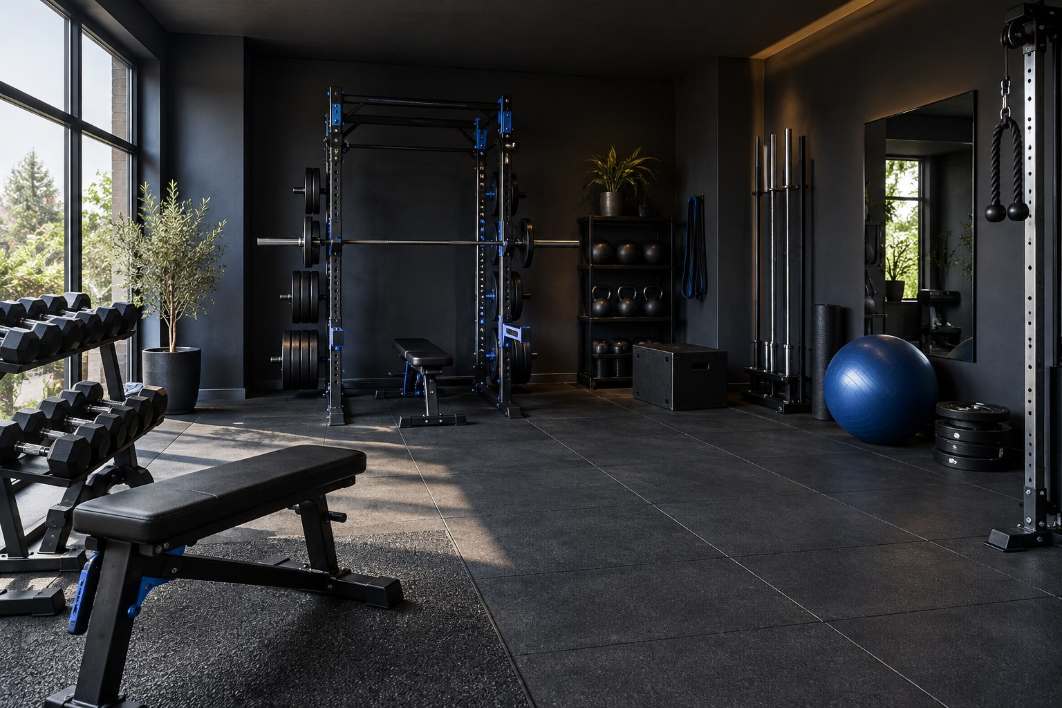 Imagen conceptual de una sala de entrenamiento con mancuernas, barras y material de fuerza